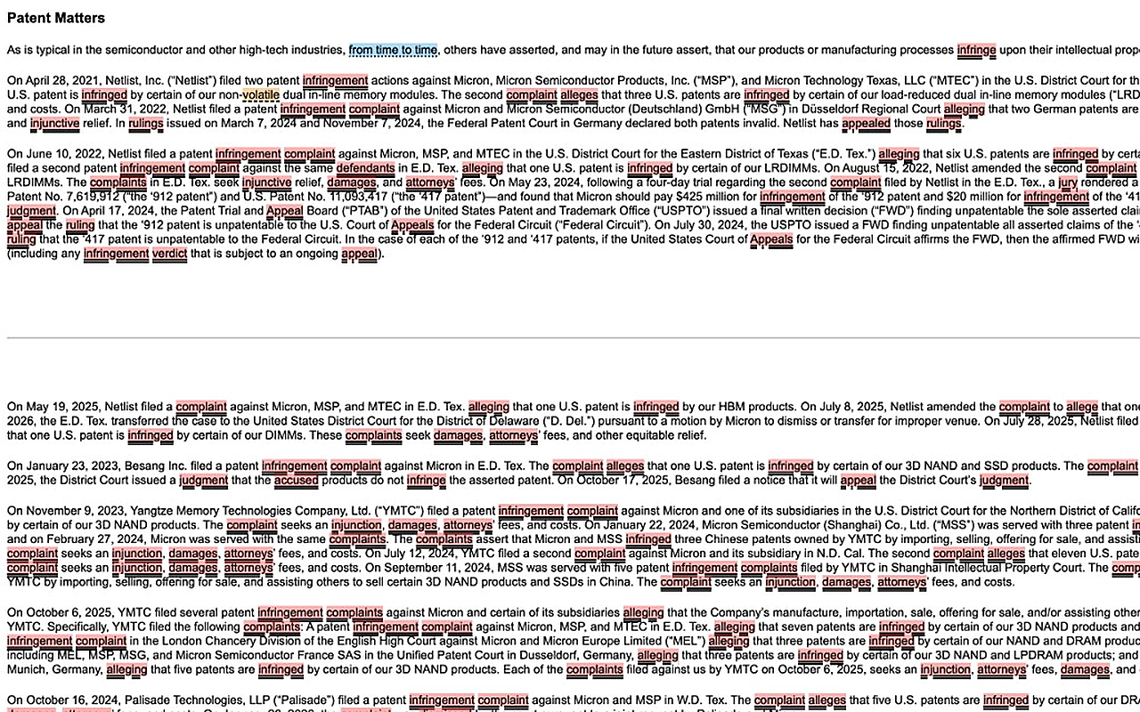 On-page language flags highlighting hedging and risk wording in a Micron SEC filing Patent Matters section.