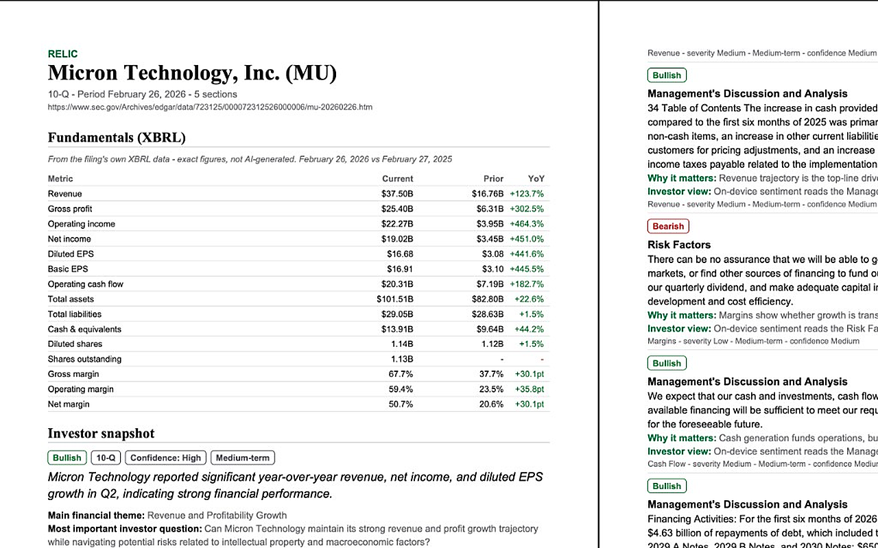 Relic PDF export showing a formatted Micron Technology 10-Q analysis with fundamentals, investor snapshot, and top takeaways.