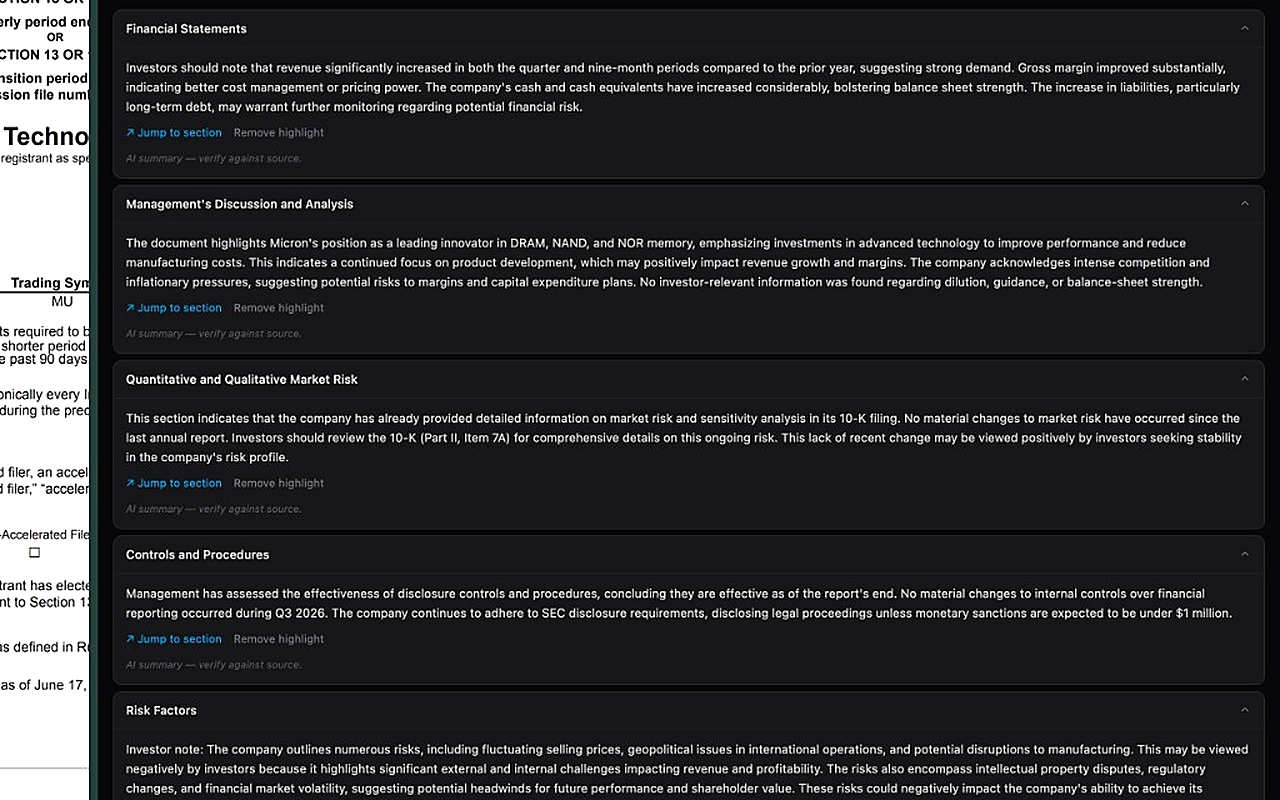 Relic Summary tab with plain-English section summaries for a Micron 10-Q alongside the filing.